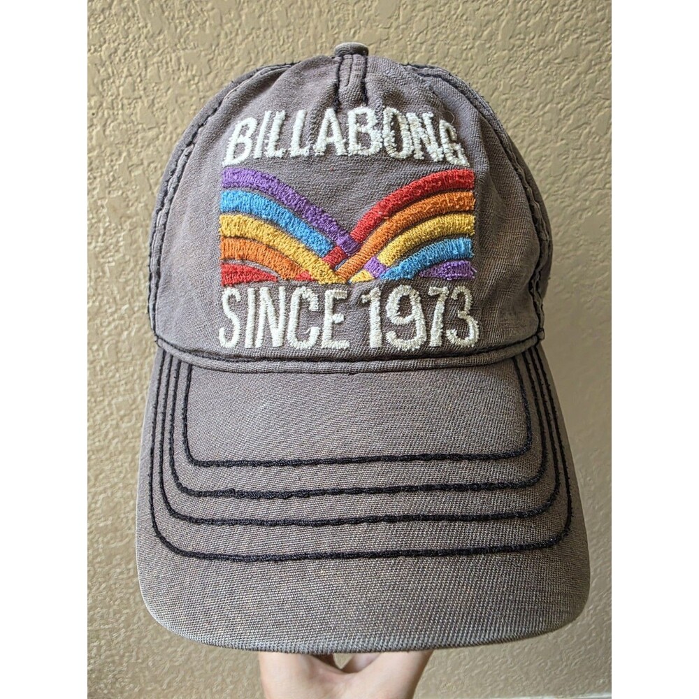 Billabong Rainbow Logo Since 1973 Rainbow Hat Gray Brown Distress Snapback Cap